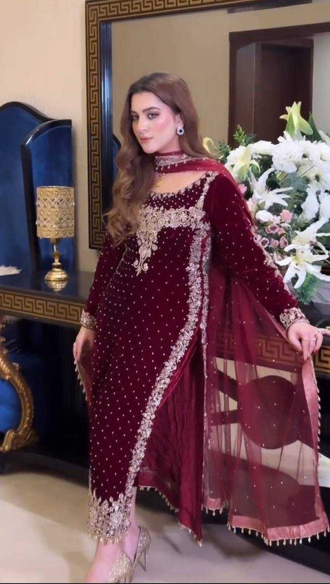 Aneelas Wedding Velvet Embroidered Unstitched Collection Maroon Majesty