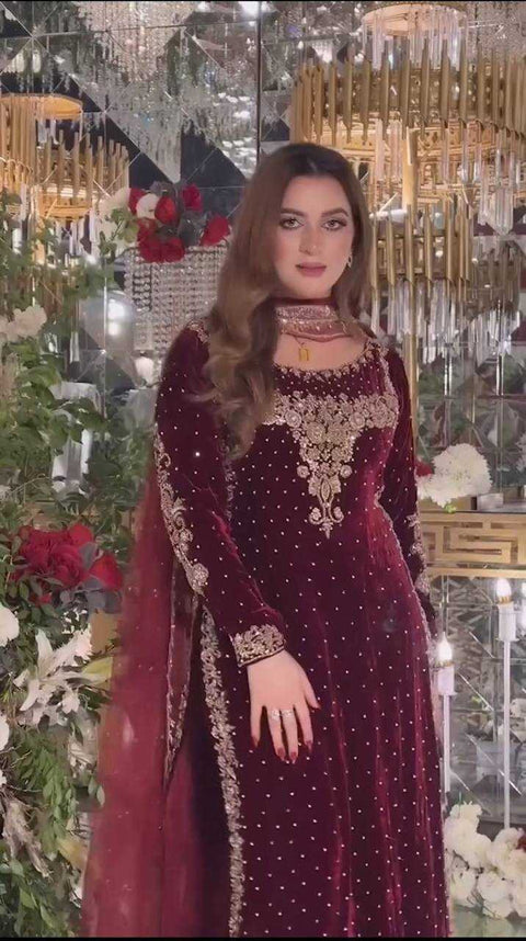 Aneelas Wedding Velvet Embroidered Unstitched Collection Maroon Majesty
