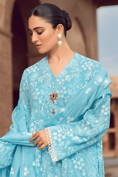 MARIA B - 3PC LAWN EMBROIDERED SHIRT WITH CHIFFON EMBROIDERED DUPATTA AND TROUSER - Kaprang